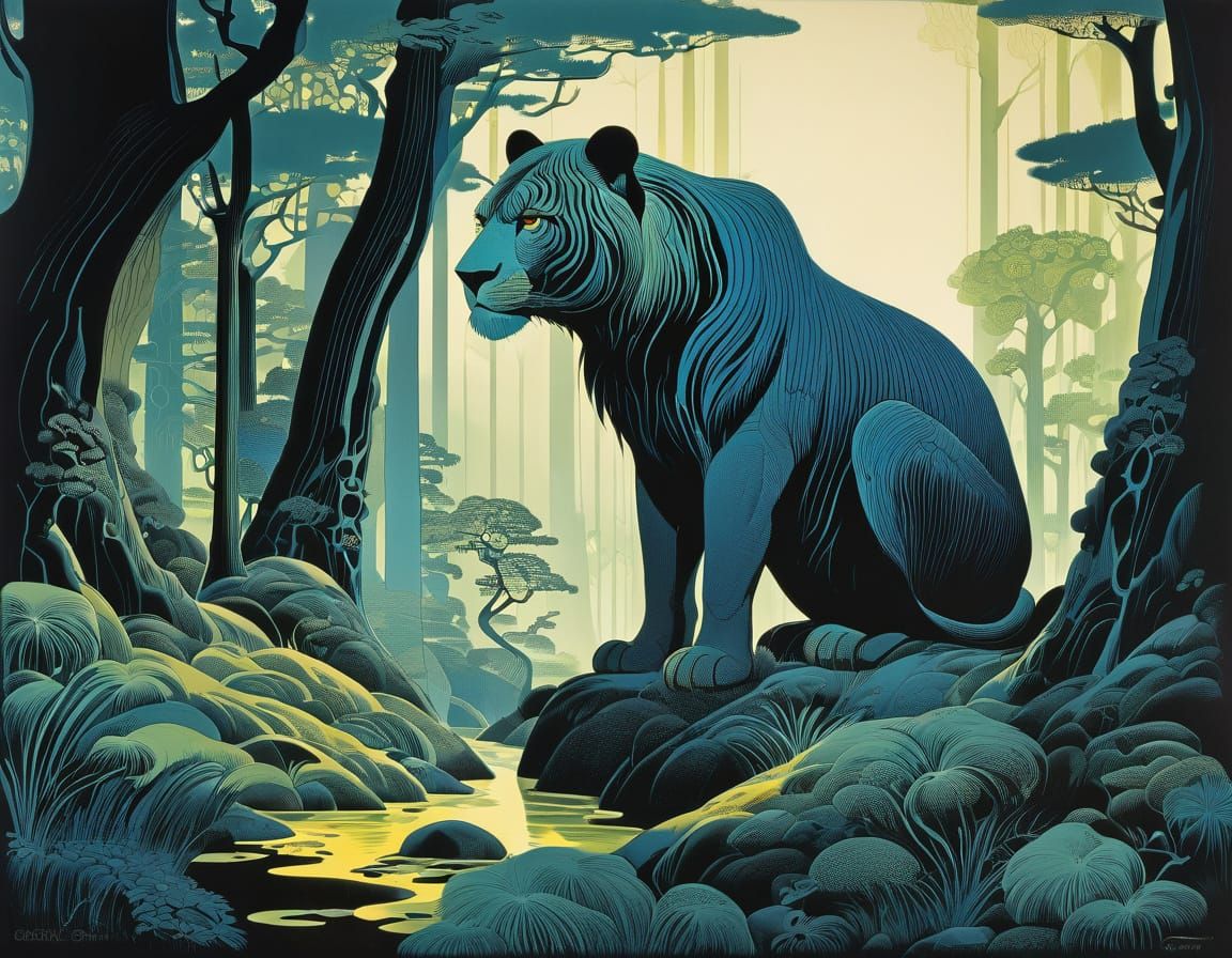 Art Nouveau Landscape with Stylized Trees