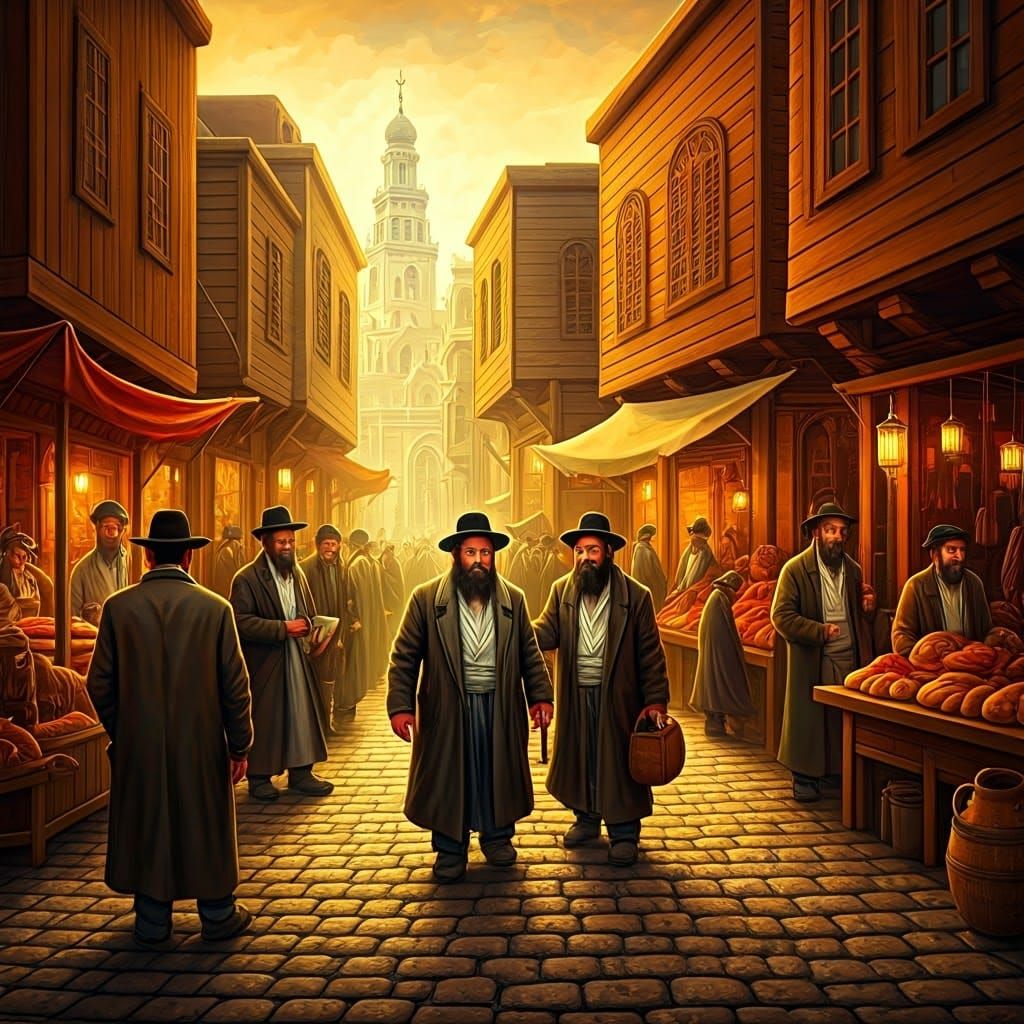 Traditional Jewish Town Marketplace in Earthy, Folk-Art Styl...