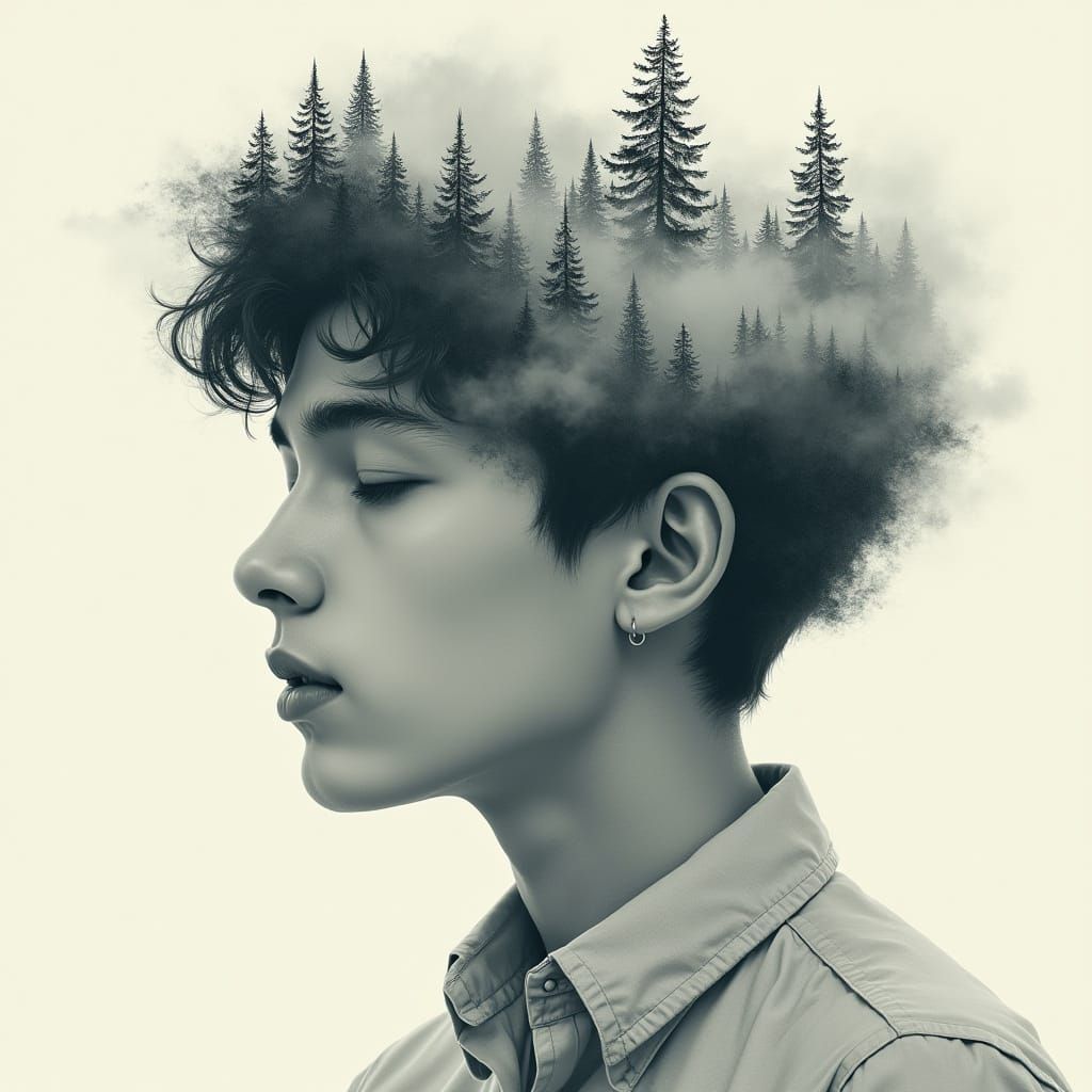 Dreamlike Portrait: Man Merged with Forest Landscape