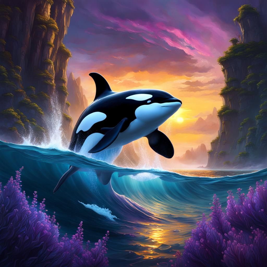 Orca vs Giant Octopus in Dark Fantasy Style