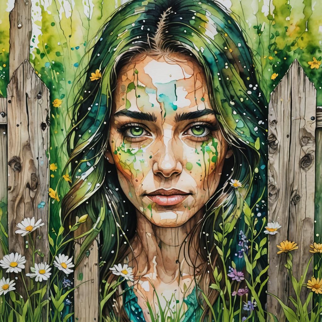 Woman Behind Fence in Alcohol Ink Style