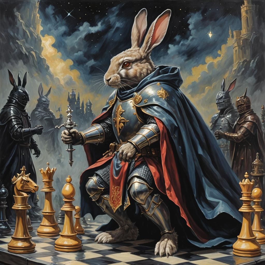 oil painting of a rabbit knight with shield and cloak, combating menacing chess humanoid black chess pieces like the kin...