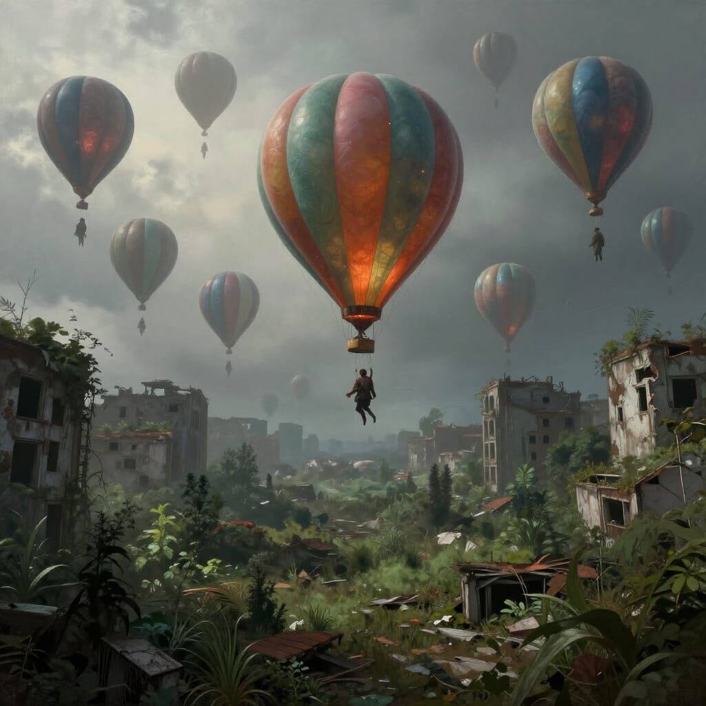 Sentient Balloons Drift Through Nature-Reclaimed City