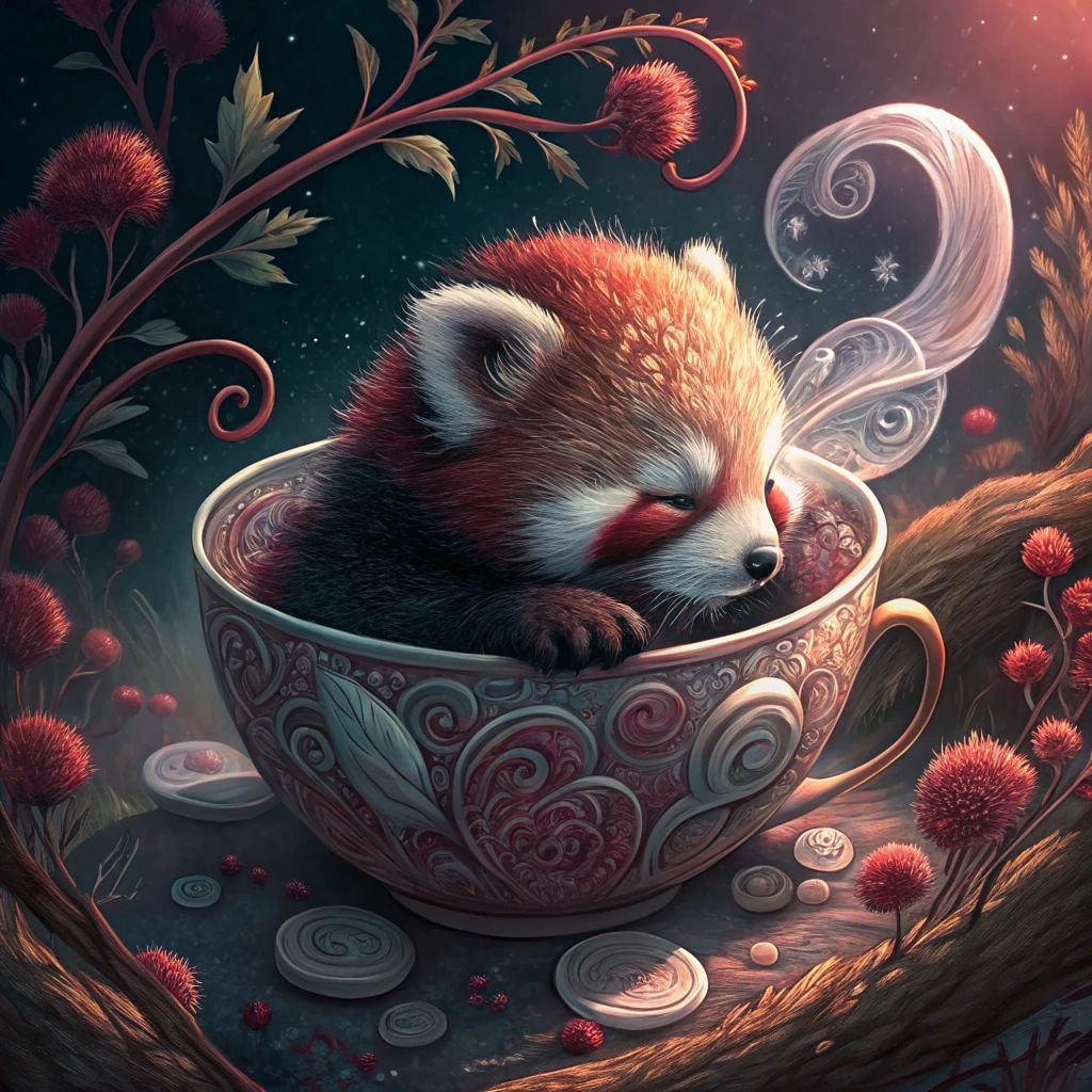 Red Panda in Teacup: Dreamlike Digital Art