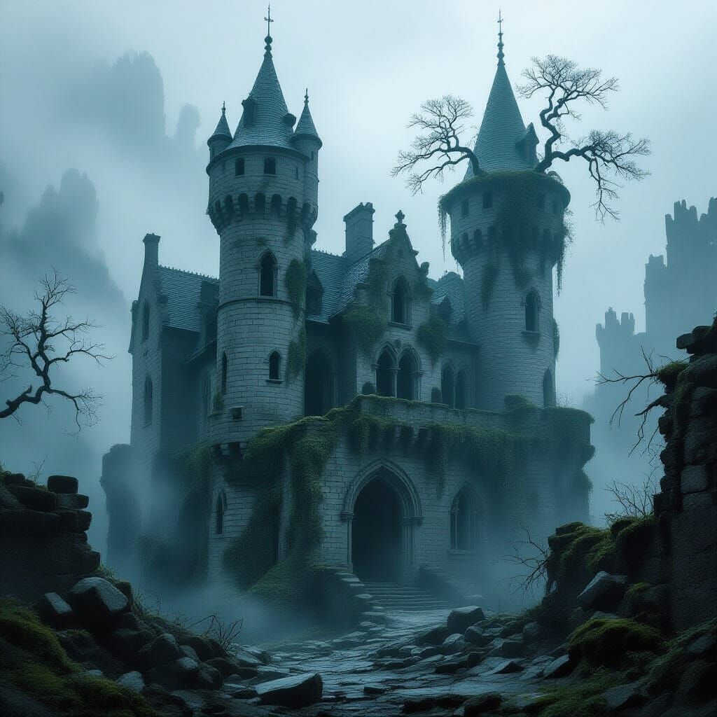 Mist-Shrouded Gothic Castle Ruins in Dark Fantasy Style