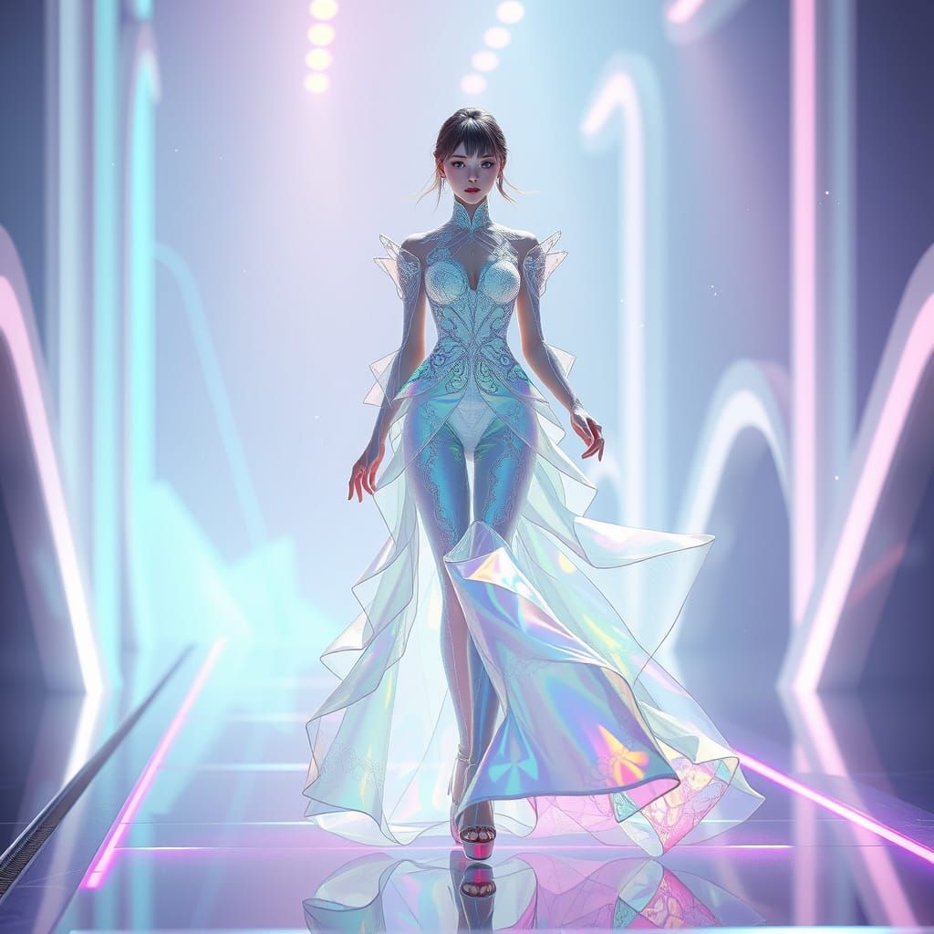 Woman in Shimmering Gown Walks on Luminous Catwalk