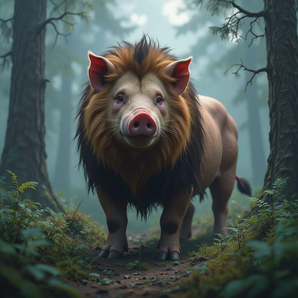 Half-Pig, Half-Lion Creature in Misty Forest