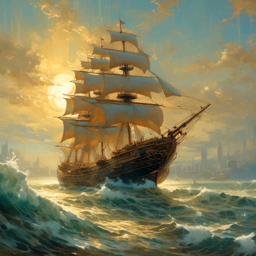 Golden Mid-Century Modern Ship on Ethereal Sea