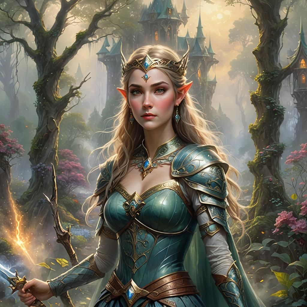 Ethereal Elven Warrior Princess in Fantasy Mist