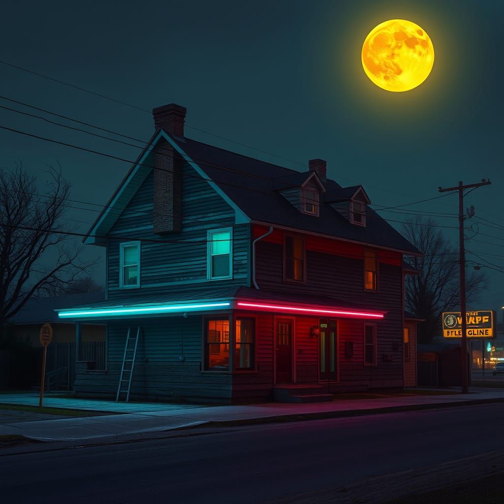 Retro-Futuristic House Under Synthwave Neon and Yellow Moon