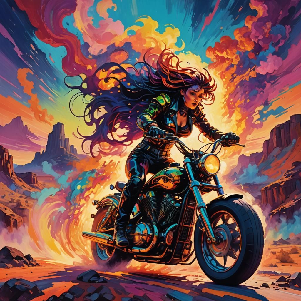 Futuristic Fauvism: Wild Woman on Motorcycle