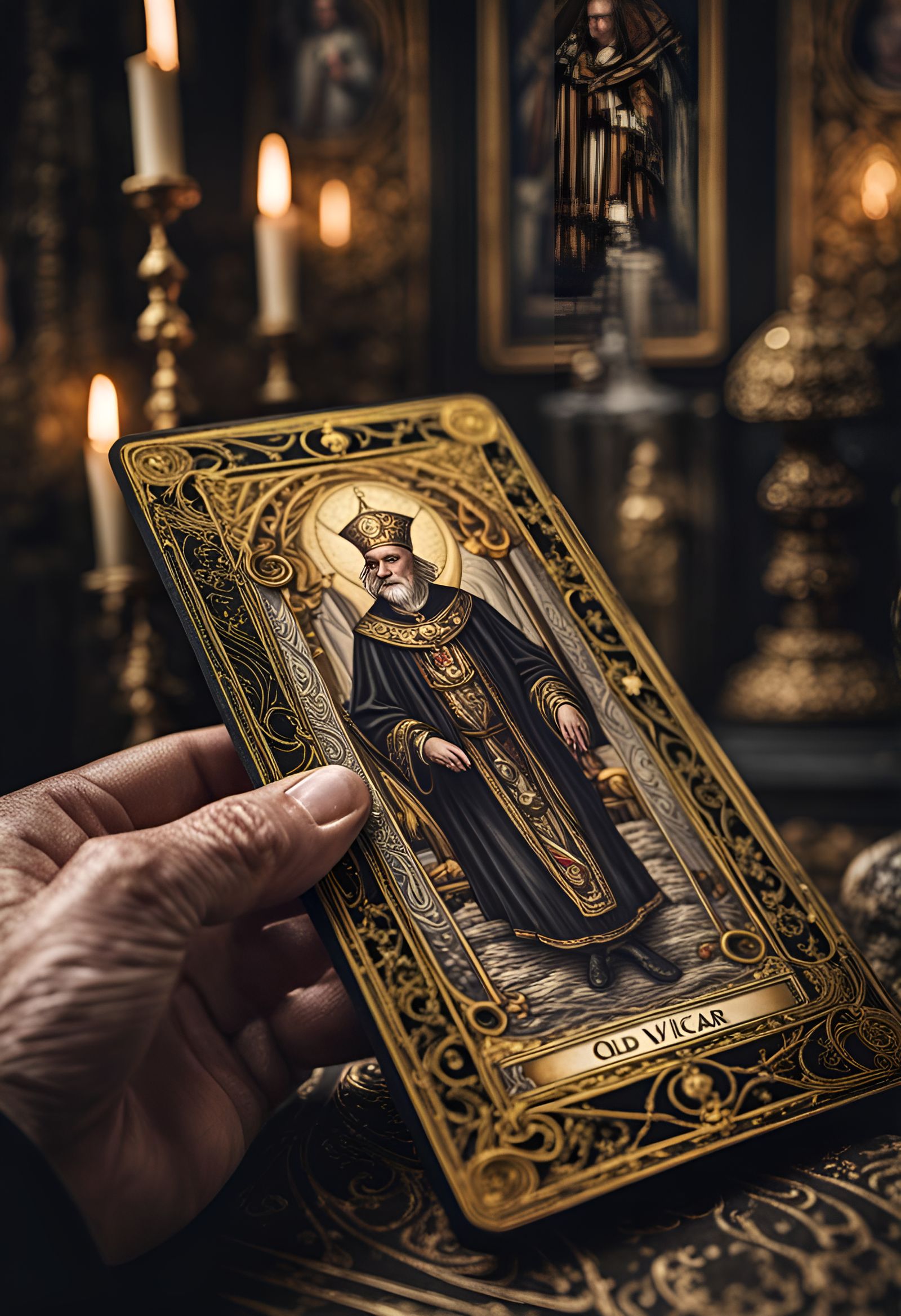 Old Vicar Tarot Card in Hyperrealistic Style