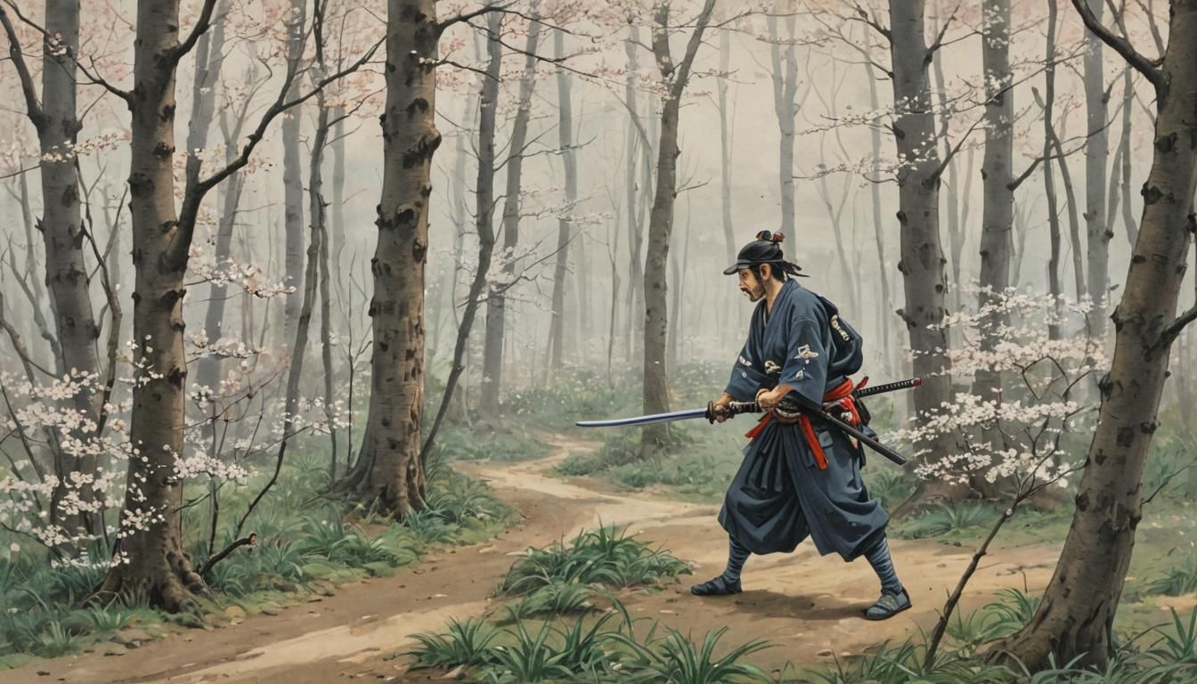 Samurai in Cherry Blossom Forest as Ukiyo-e Painting