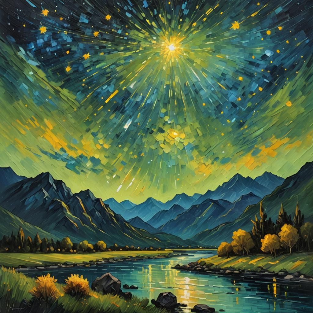 Meteor Shower Over Mountains in Impressionist Style