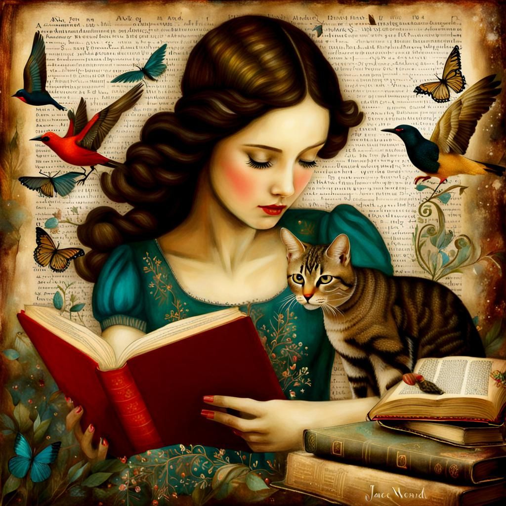 Girl Reading to Cat in Vintage Illustration Style