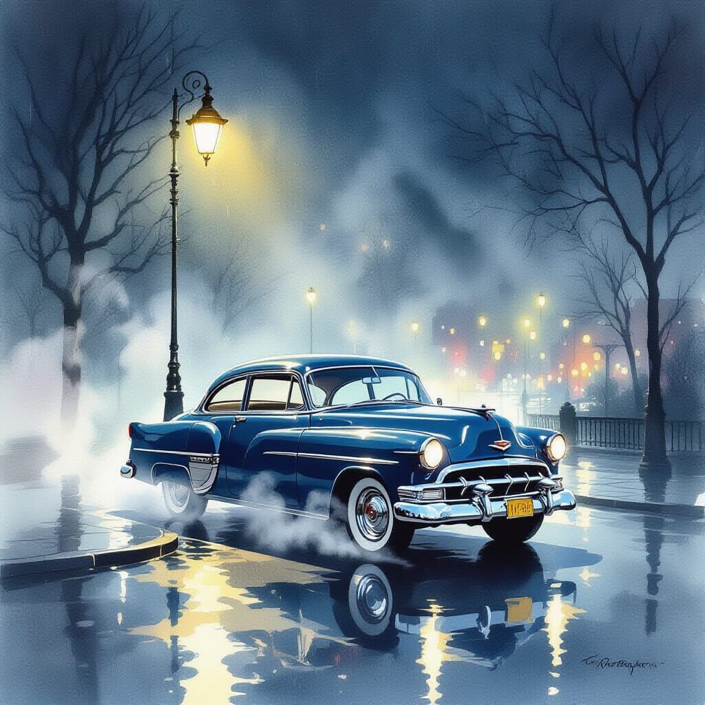 Vintage Car on Rainy Road Under Streetlamp