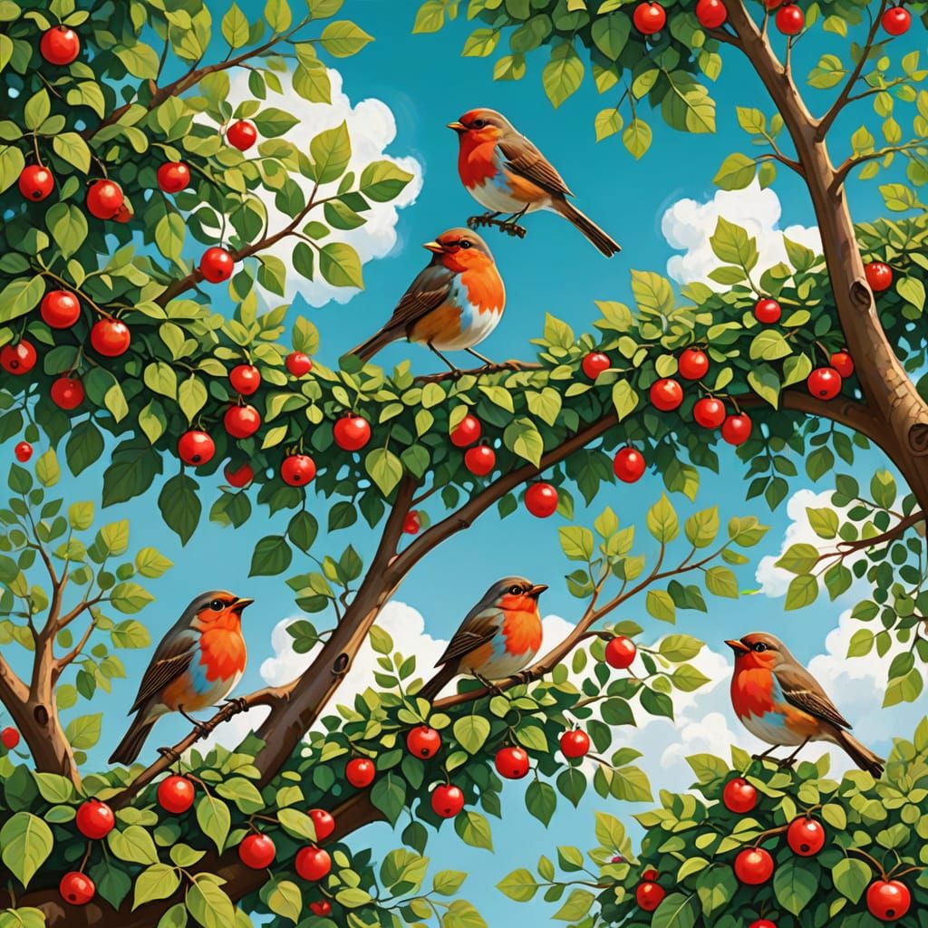 Vibrant Folk Art Illustration of Happy Robins in a Lush Tree...