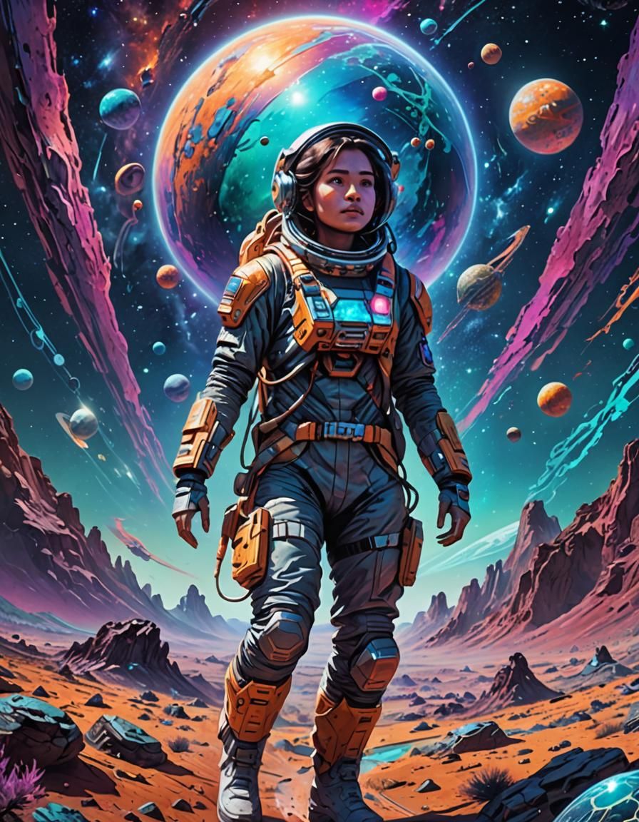 Female Space Explorer on Alien Planet: Holographic Illustrat...