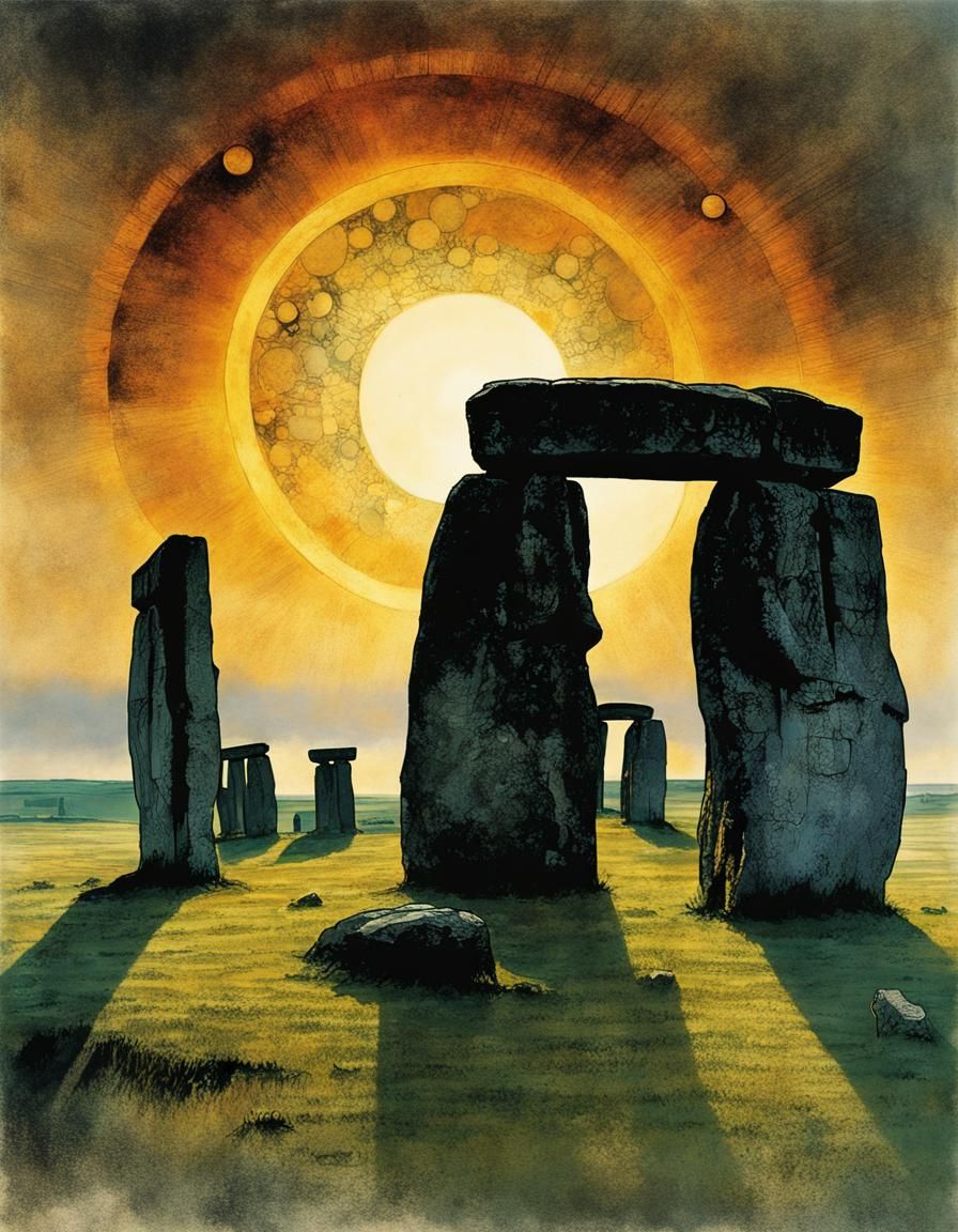 Dramatic Solar Eclipse over Stonehenge: Color Print Art