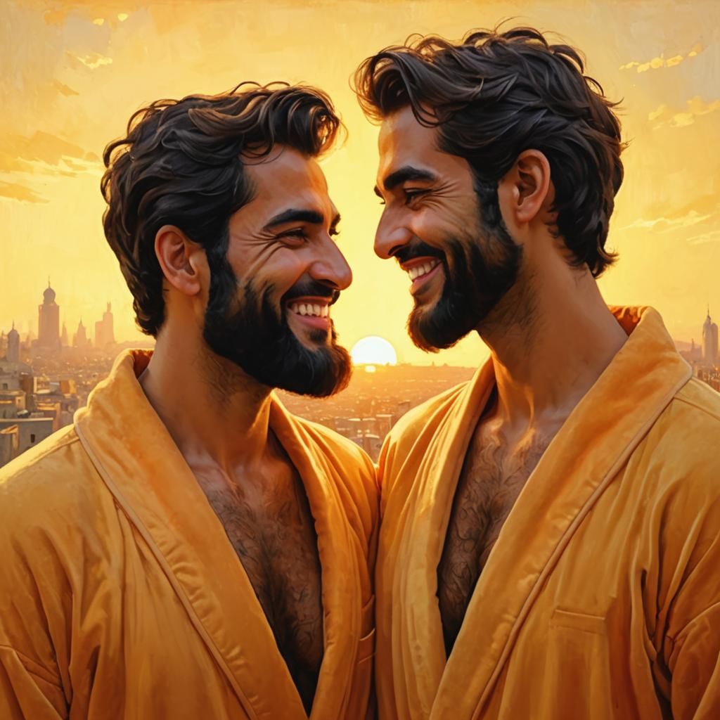 Impressionist Painting of Two Men in Bathrobes