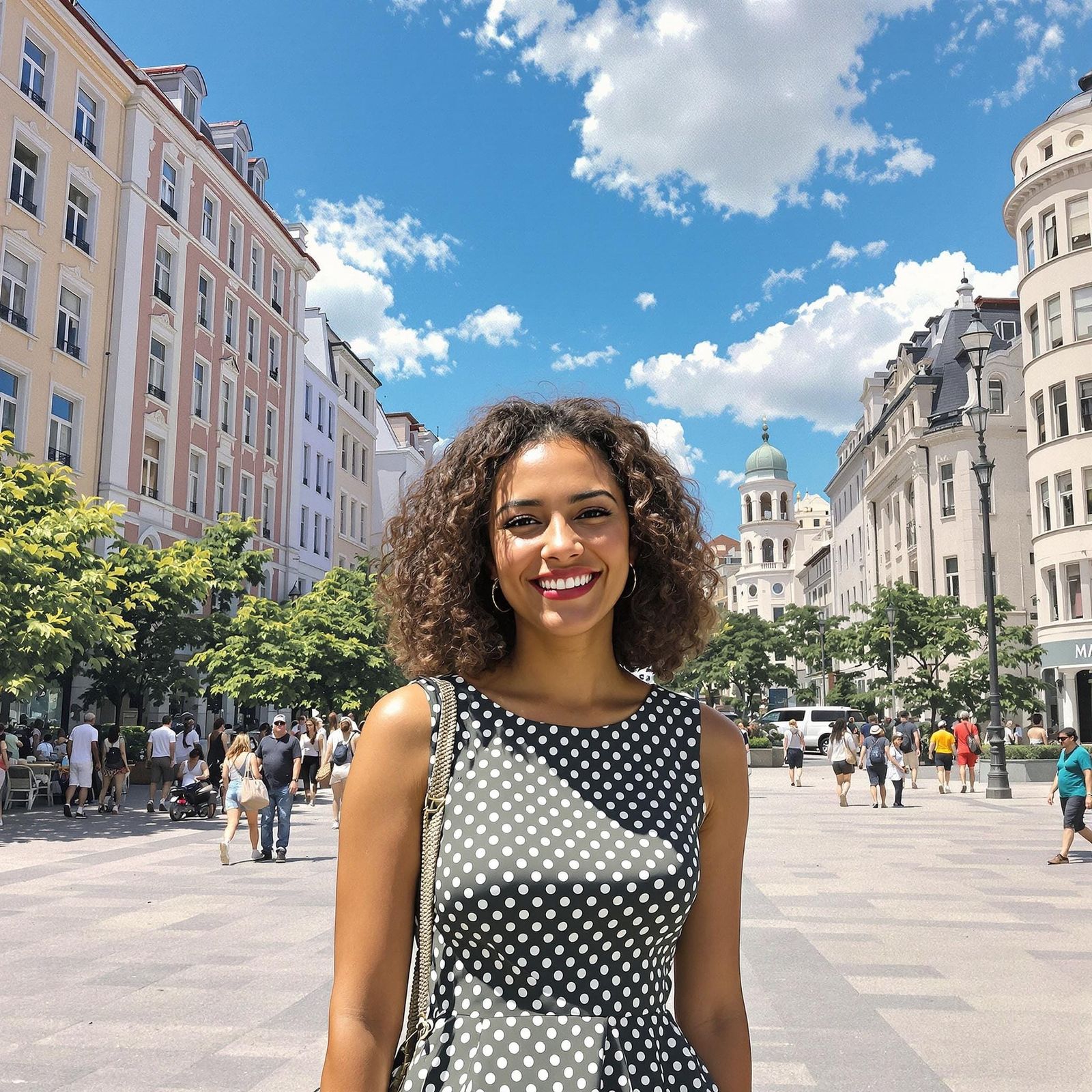 Woman in Polka Dot Dress on a Sunny City Street
