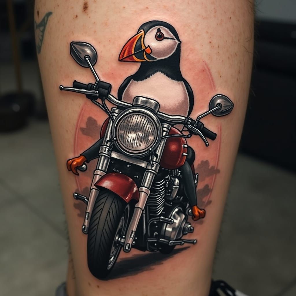 Puffin on Motorcycle Tattoo Design