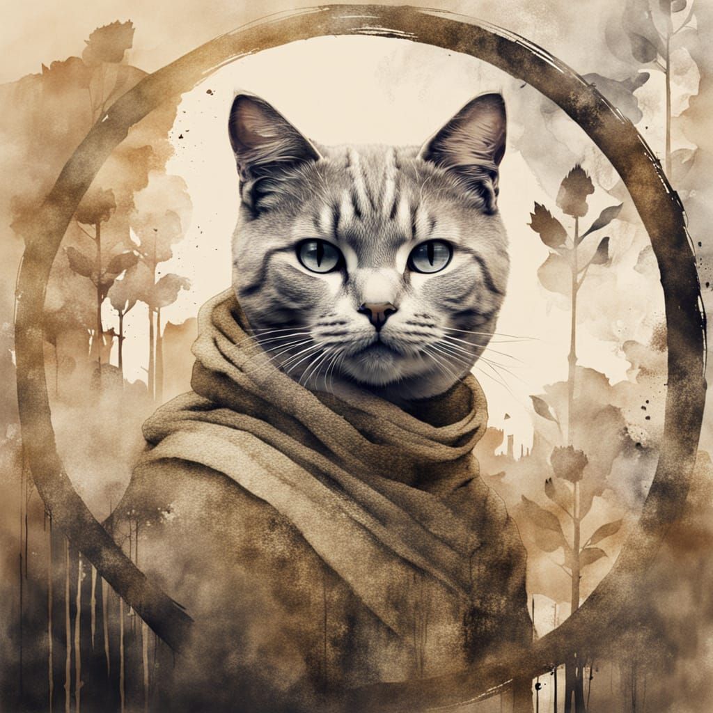 Monochromatic Cat Double Exposure in Beige Tones