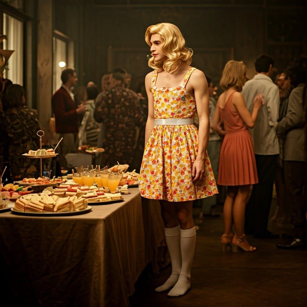 Stylish Androgynous Youth Converses in Vintage Party Setting