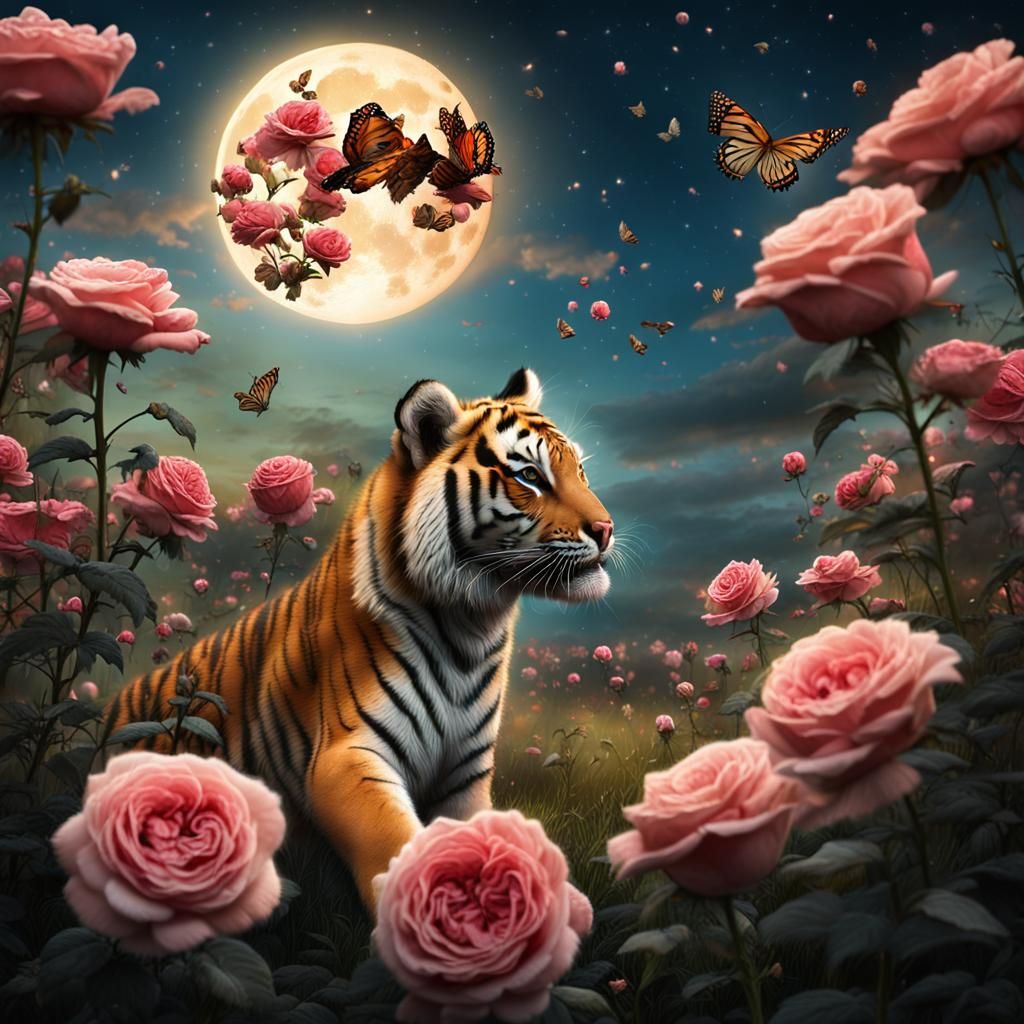 Tiger Cub in Roses Under Moonlight: Digital Painting