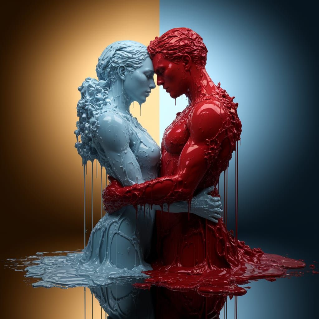 Surreal Embracing Figures in Vibrant Colors