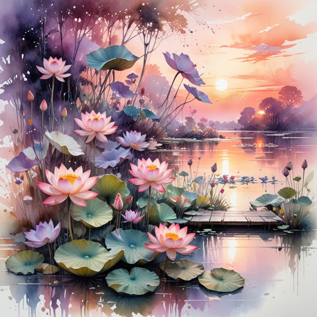 Pink Lotus Pond at Sunset: Watercolor Art