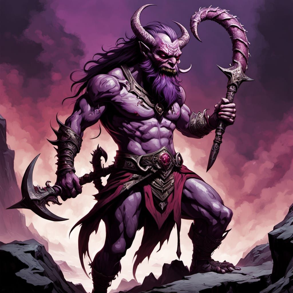 Barbazu Devil with Snake Beard Wielding Fiery Glaive in Hell