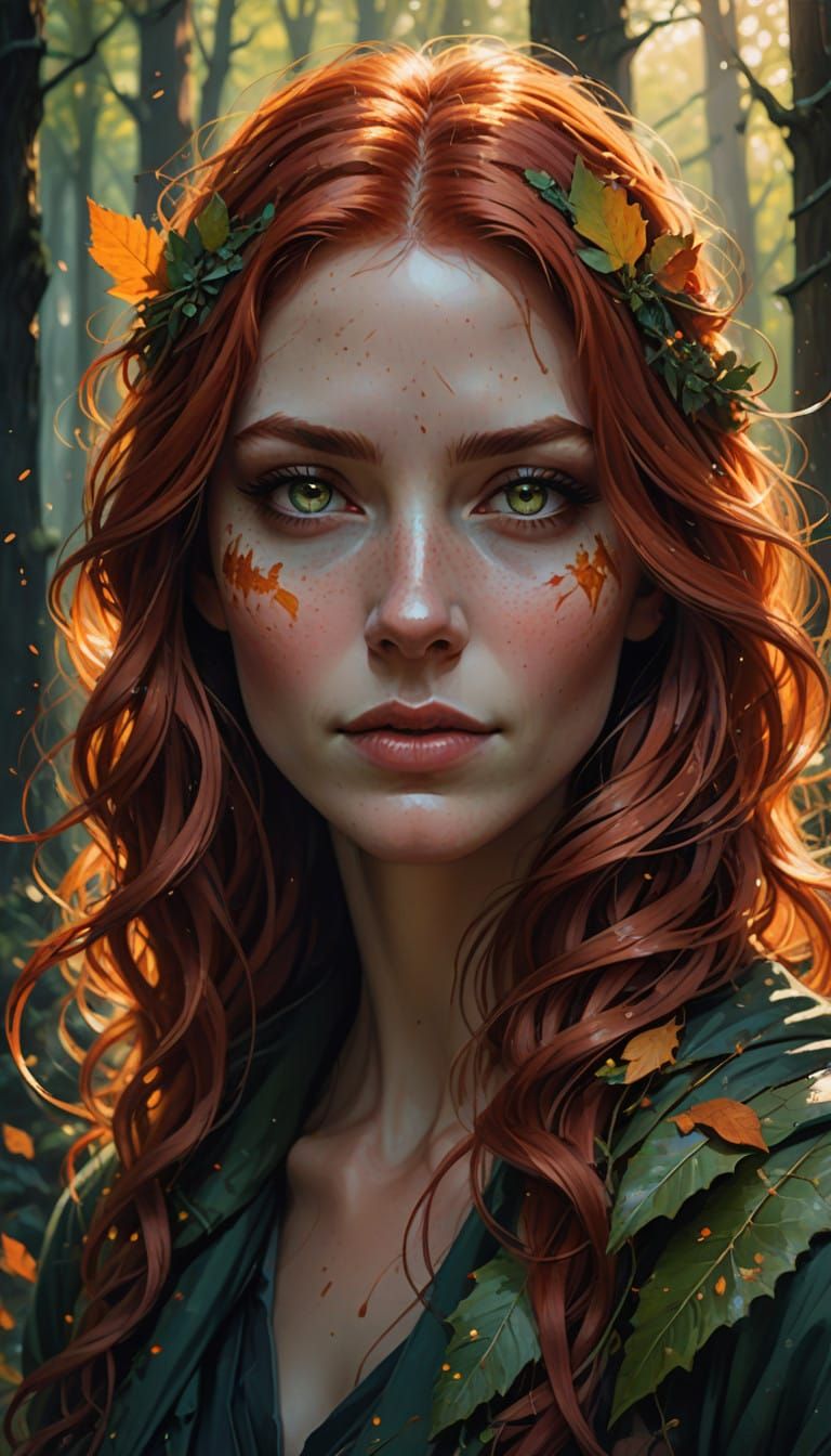 Enigmatic Woman with Fiery Hair in Dreamlike Portrait
