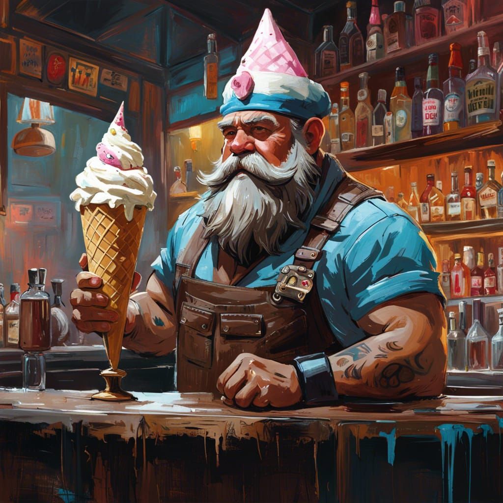 Ice Cream Dwarf Bartender as Impasto Acrylic Painting