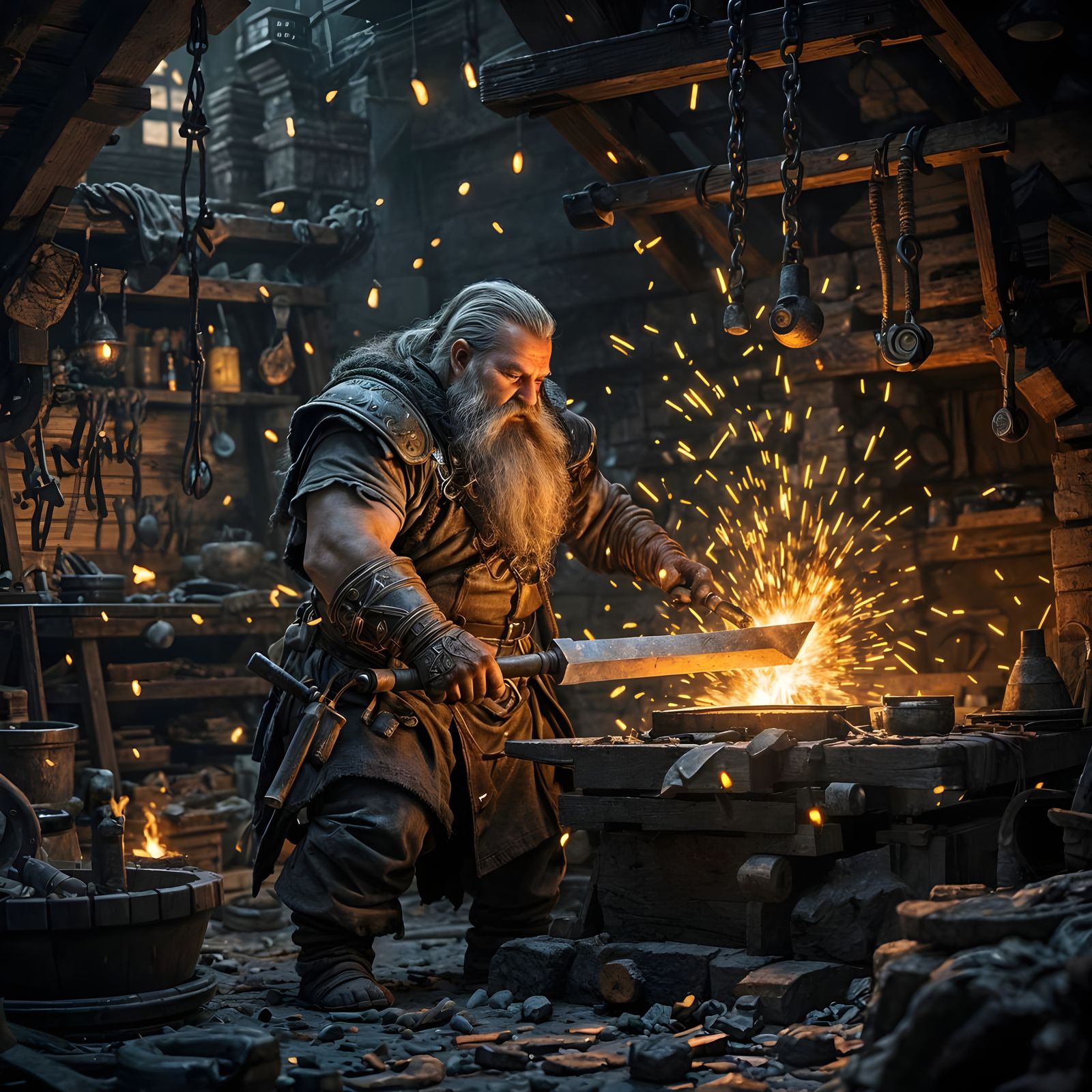 Dwarven Blacksmith Forging a Glowing Blade
