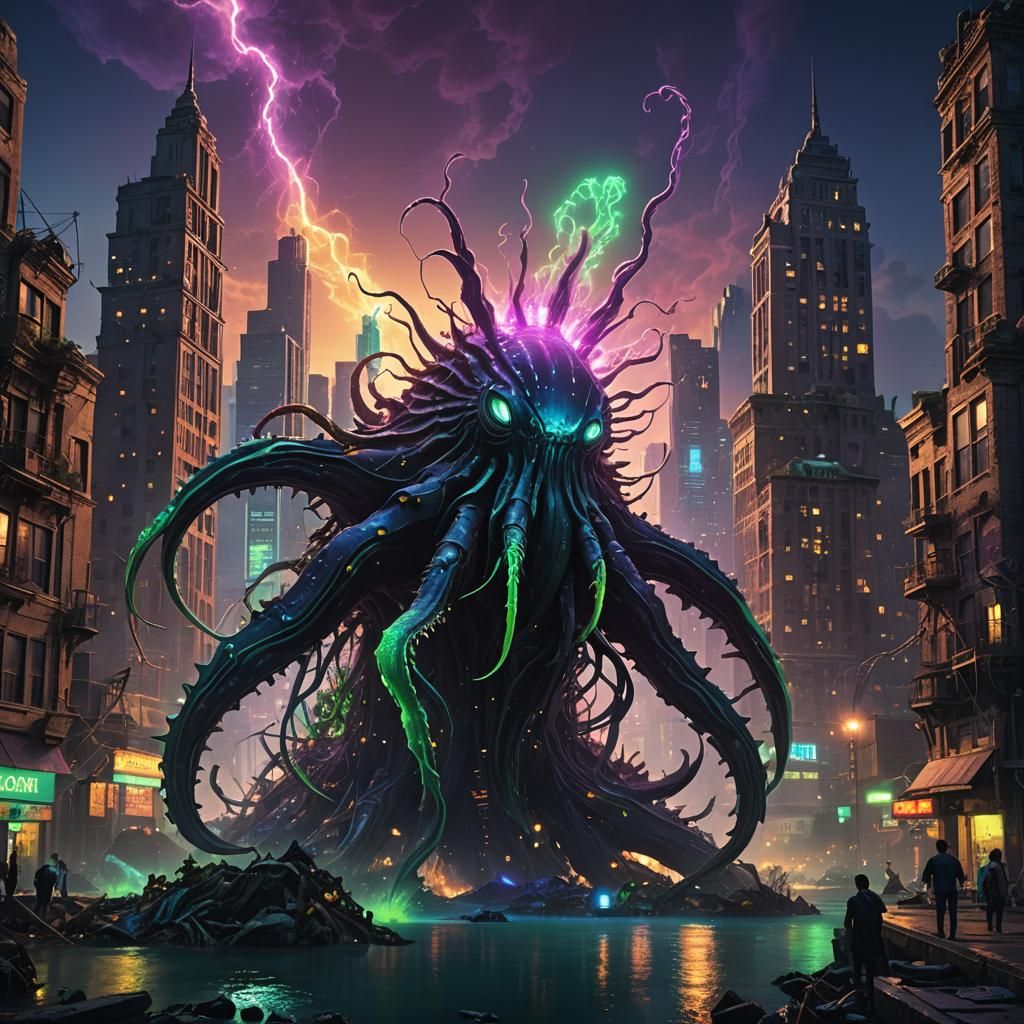 Glowing Sea Creature in Apocalyptic Cityscape