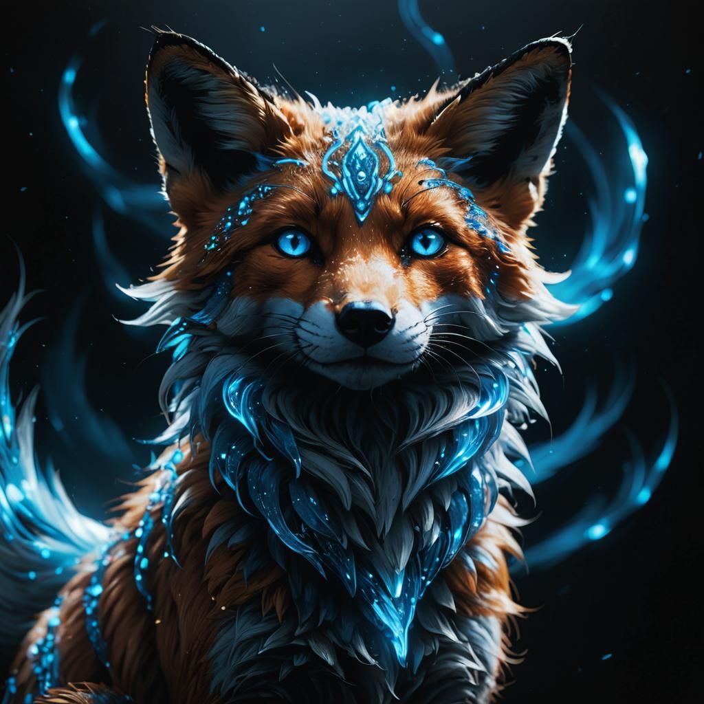 Luminous Fox of Blue Energy in Darkness