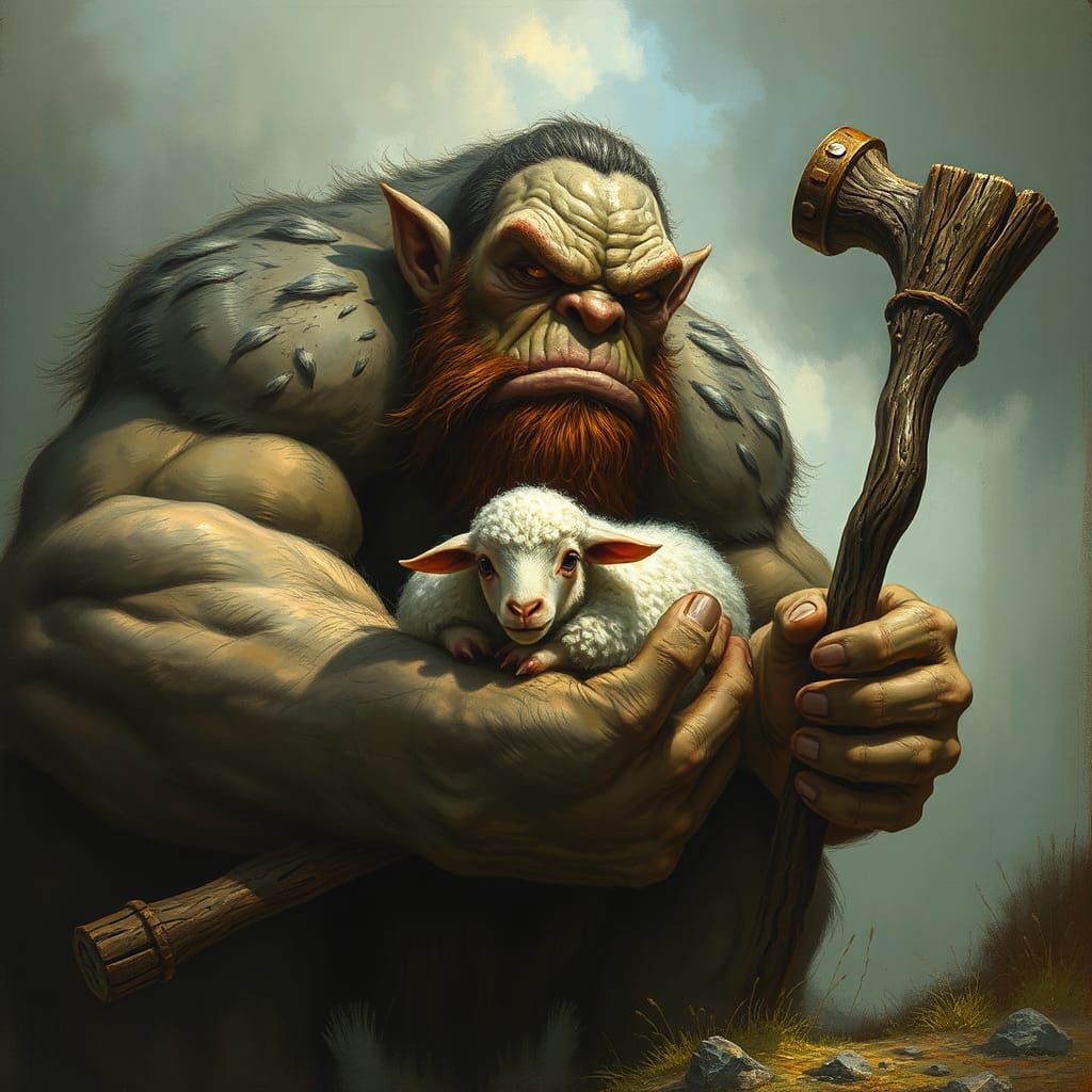 Ogre with Baby Sheep in Whimsical Illustration
