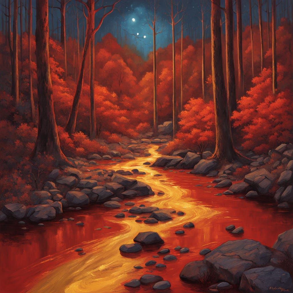 Magical Crimson Forest Path Under Moonlight