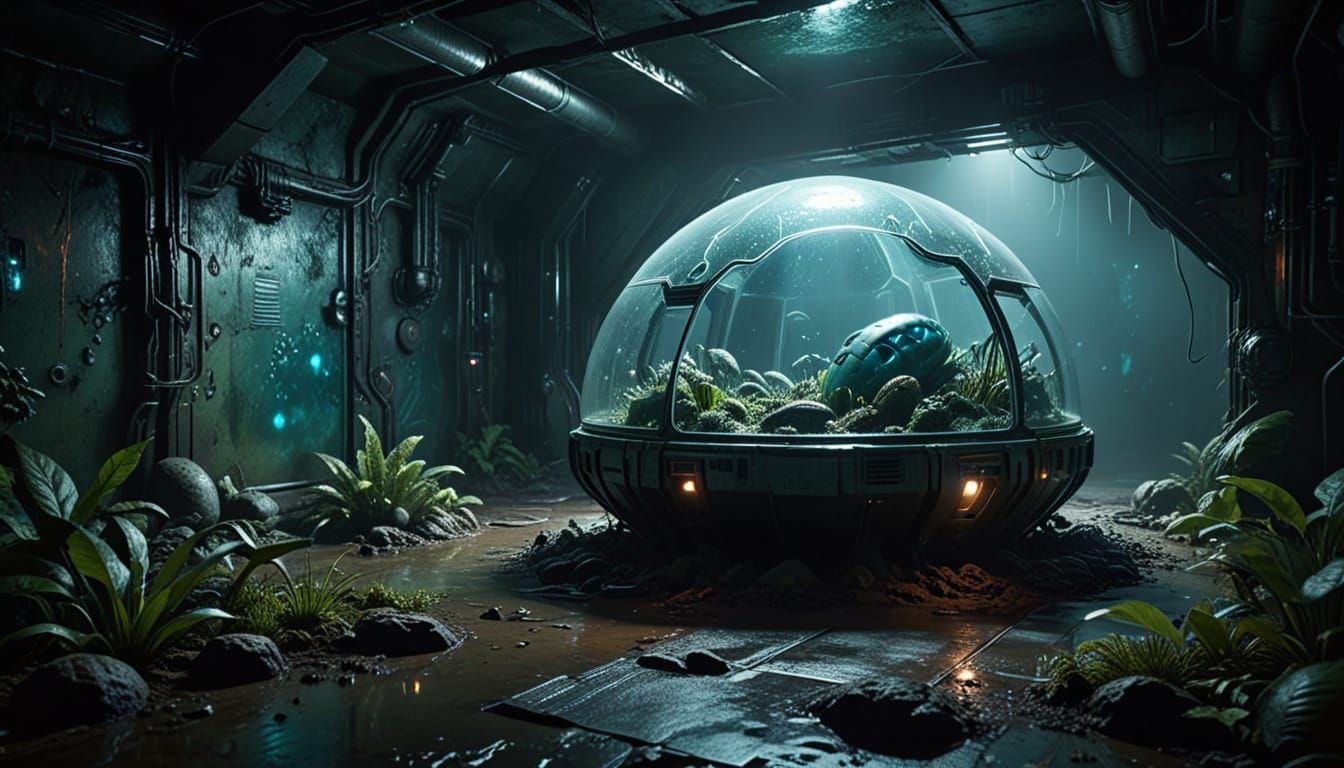 Surreal Hibernation Pod in a Dark, Alien Biotech Environment