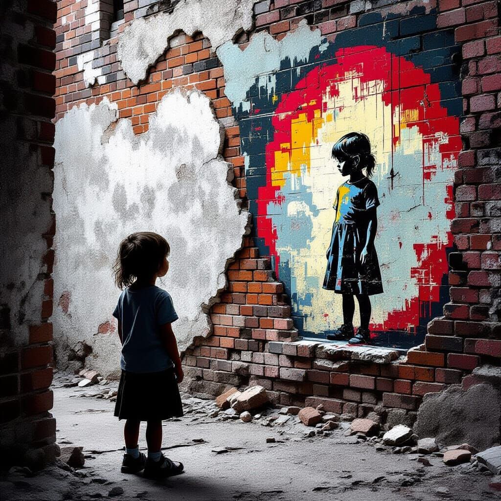 Child Gazes at Faded Mural in Derelict Alley
