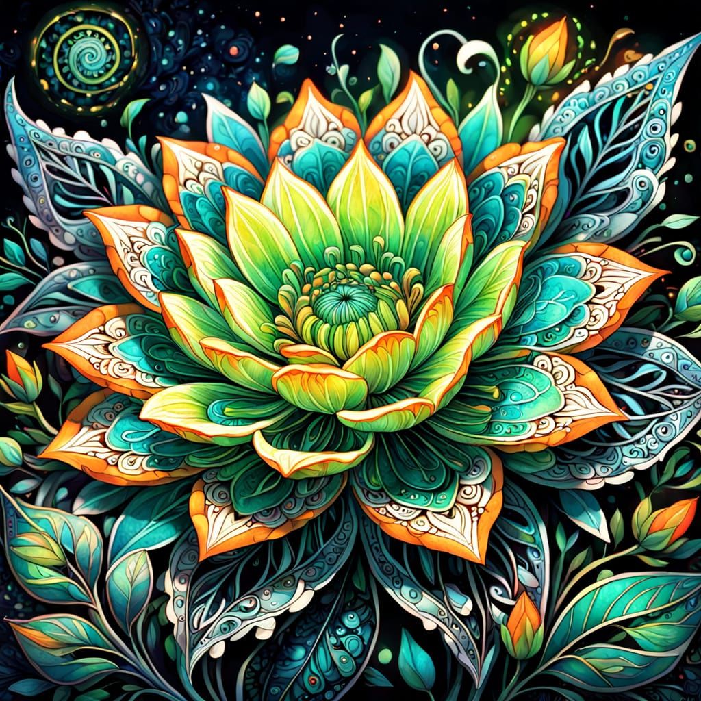 Bioluminescent Flower in Cosmic Zentangle Garden