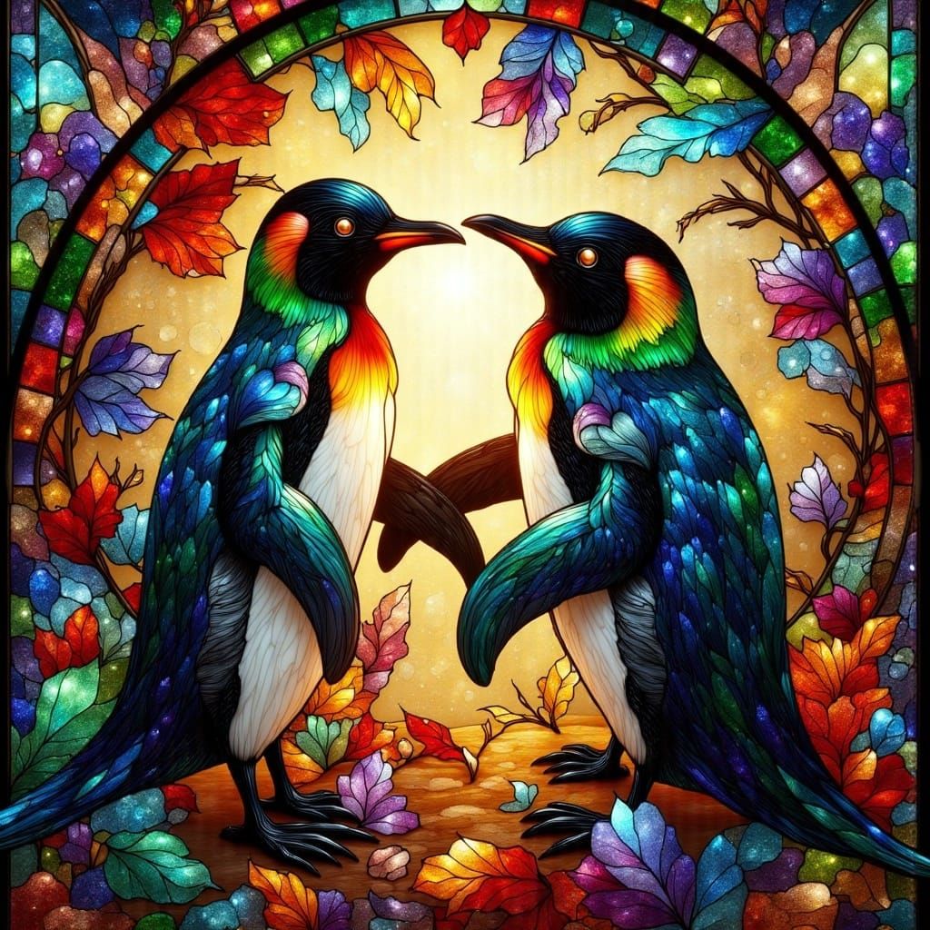 Stained Glass Penguins in a Whimsical, Dreamlike Scene