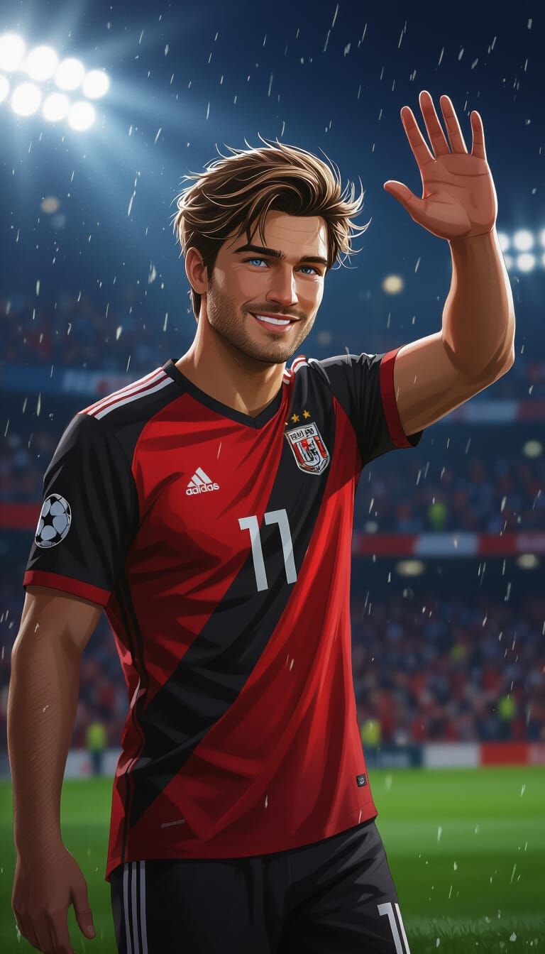 Athletic Soccer Player Waves to Crowd in Stadium