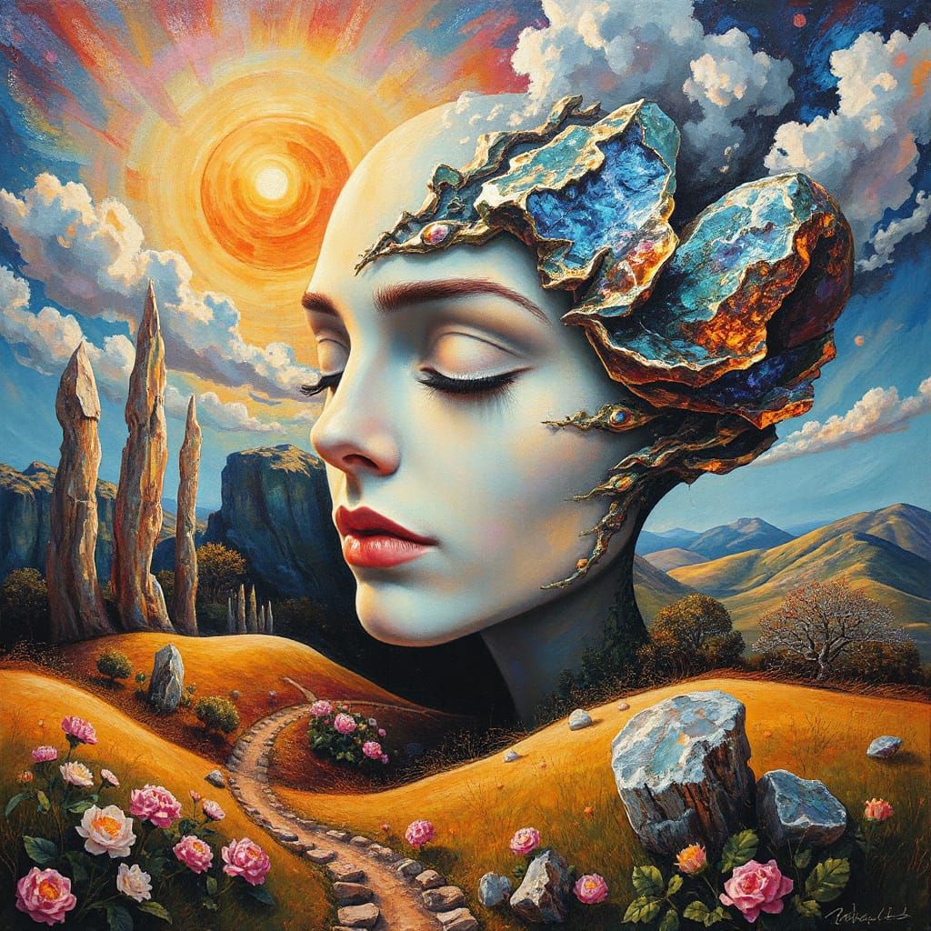 Surreal Portrait Emerging from Vibrant Dreamscape