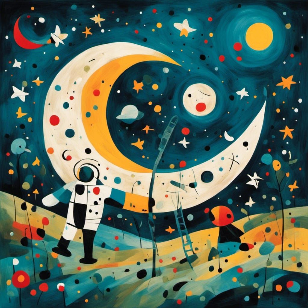 Astronauts Carving a Crescent Moon in Abstract Style