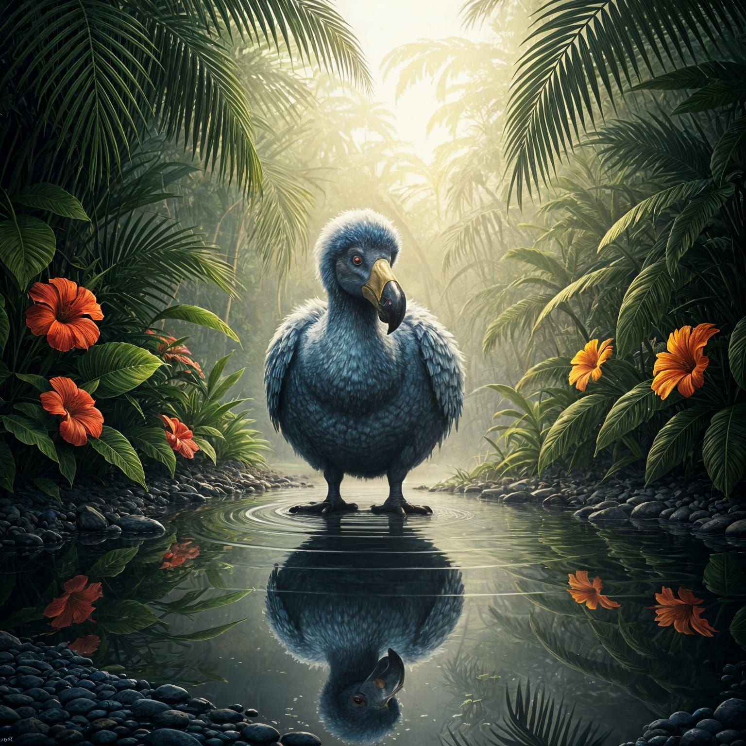 Dodo Gazing at Rainbow Reflection in Tropical Landscape