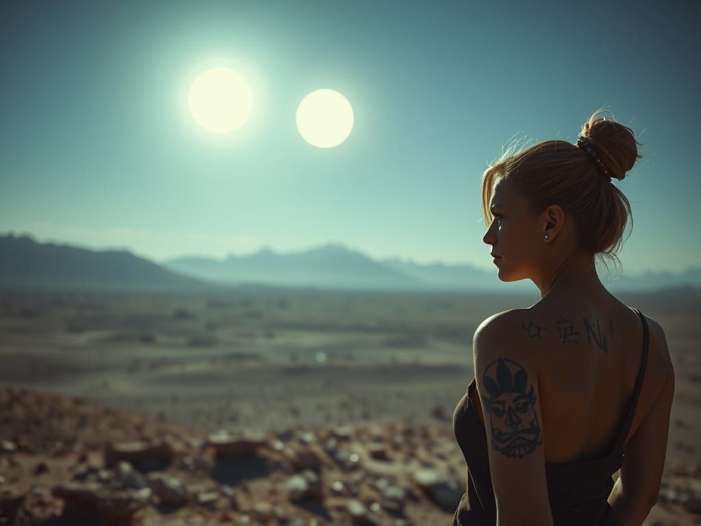 Lone Sentinel Gazes at Alien Desert Under Twin Suns