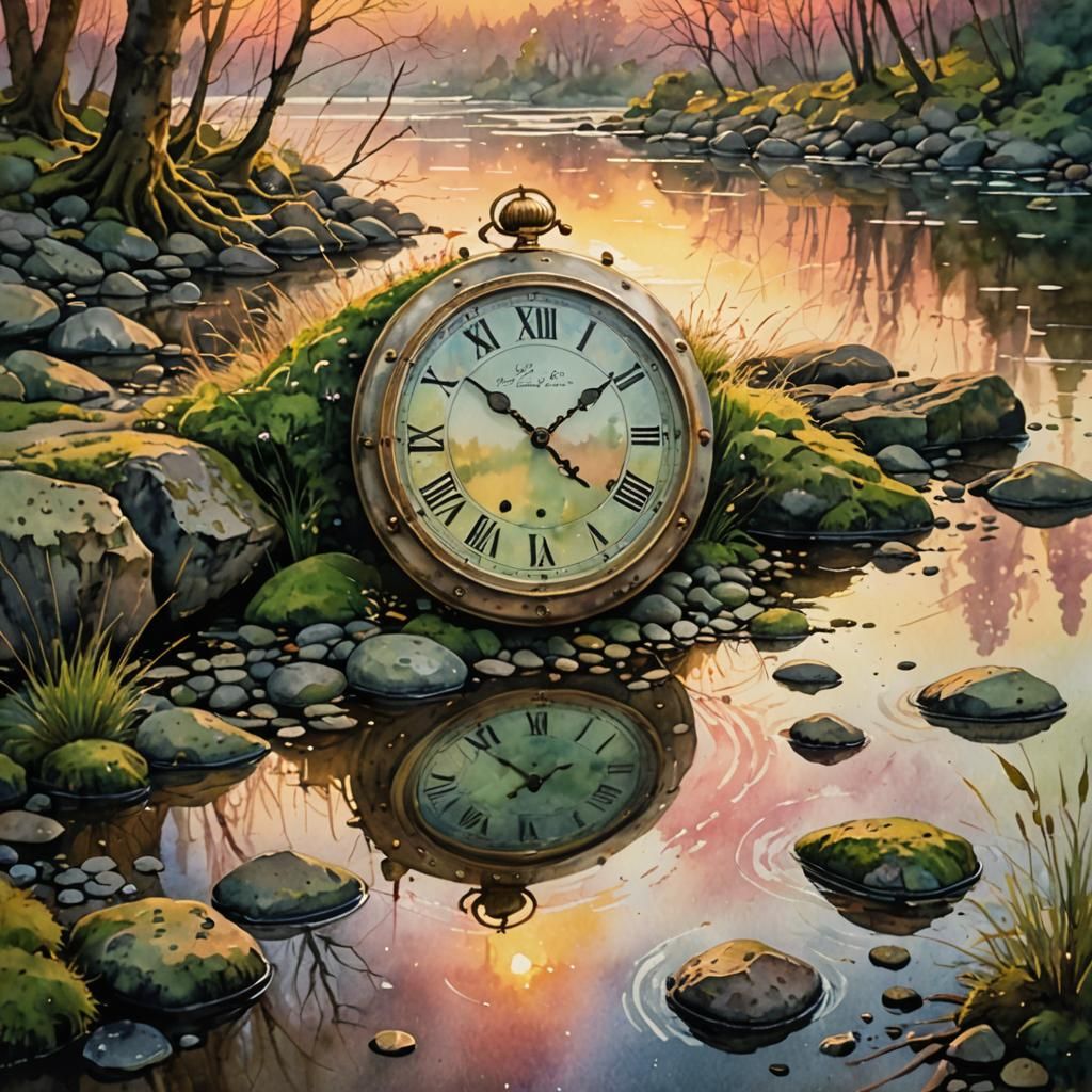 Rustic Clock Floating on River at Sunset