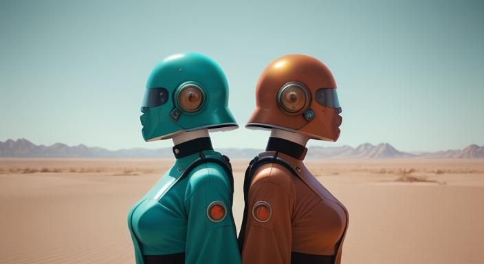 Twin Sisters in Retro-Futuristic Desert Landscape